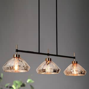 Modern 37.5 in. 3-Light Black and Plated Brass Large Kitchen Island Chandelier with Textured Glass Shades Linear Pendant
