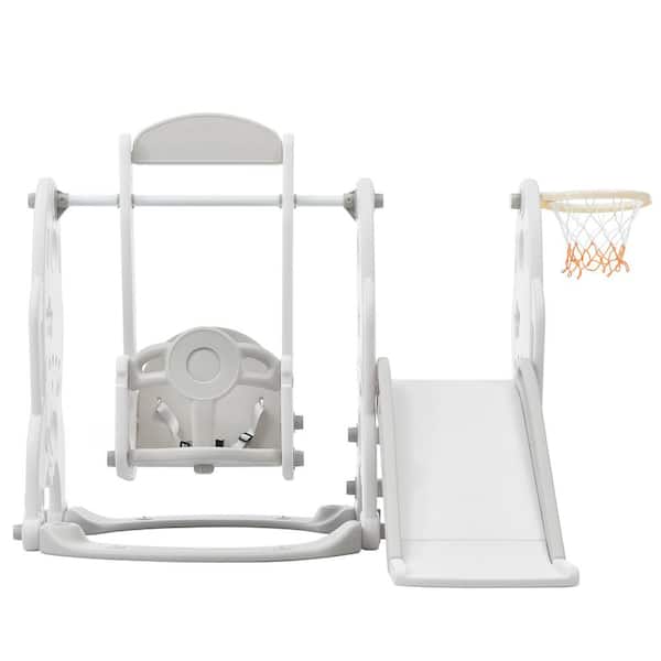 YOFE Gray 3-in-1 HDPE Indoor/Outdoor Playground Playset Kids Swing Set with Toddler Slide and a basketball Hoop