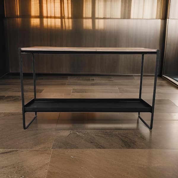 Benjara 39 in. Black and Brown Rectangle Wooden Console Table with Natural Brown Wood Top and Shelf