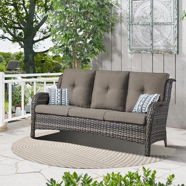 Opohoro Gray Wicker Outdoor Couch, 3-Seat Patio Sofa with Deep Seating and Gray Cushions for Porch Deck Balcony