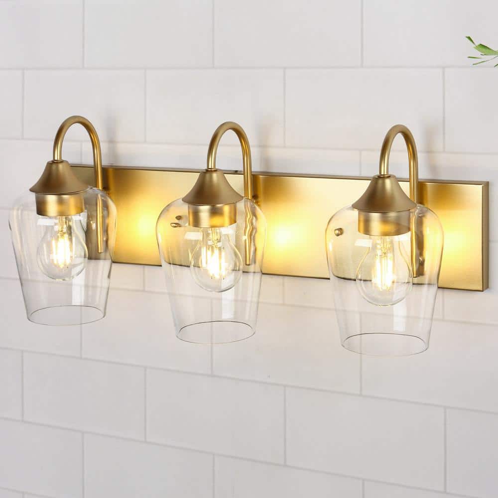 21.9 in. 3 Light Modern Gold Vanity Light with Wine Glass-Inspired Clear Glass Shades and Rectangle Backplate price history on PriceWatchPro