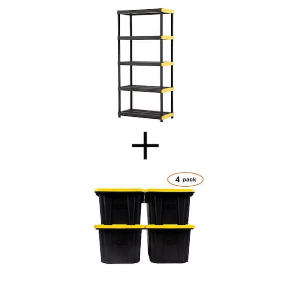 5-Tier Garage Storage Shelving Unit (36 in.x74 in.x18 in.) and 27 Gal. Black Tough Storage Tote Combo (4-Pack)