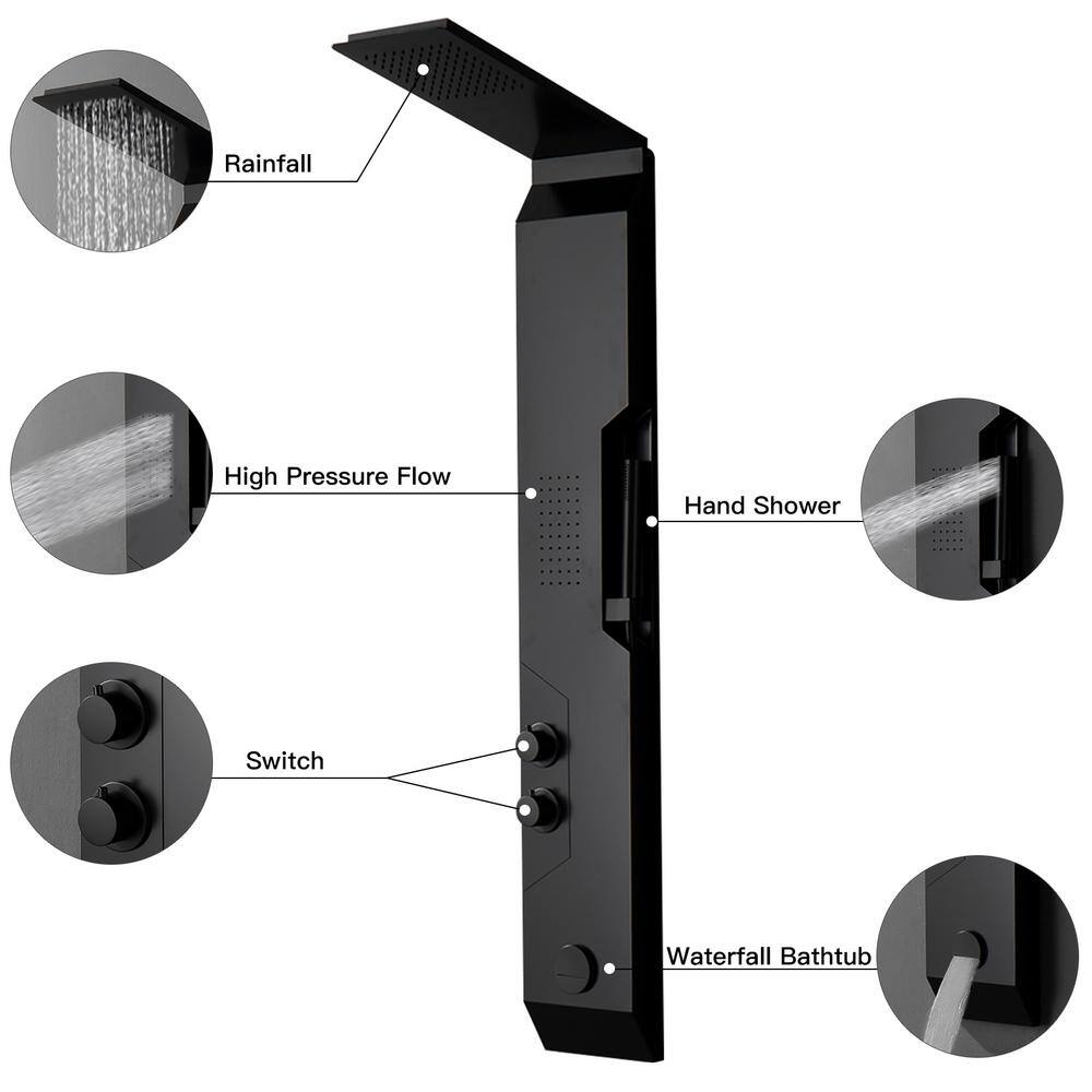 Matte Black Stainless Steel Shower Tower with Rainfall Head and Body Jets