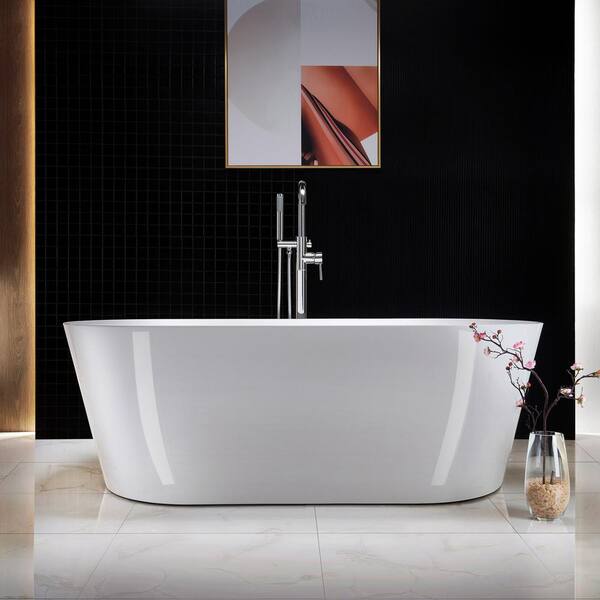 67 in. L x 31.5 in.W Acrylic Flat Bottom Soaking Bathtub in White with Polished Chrome Drain and Tub Filler