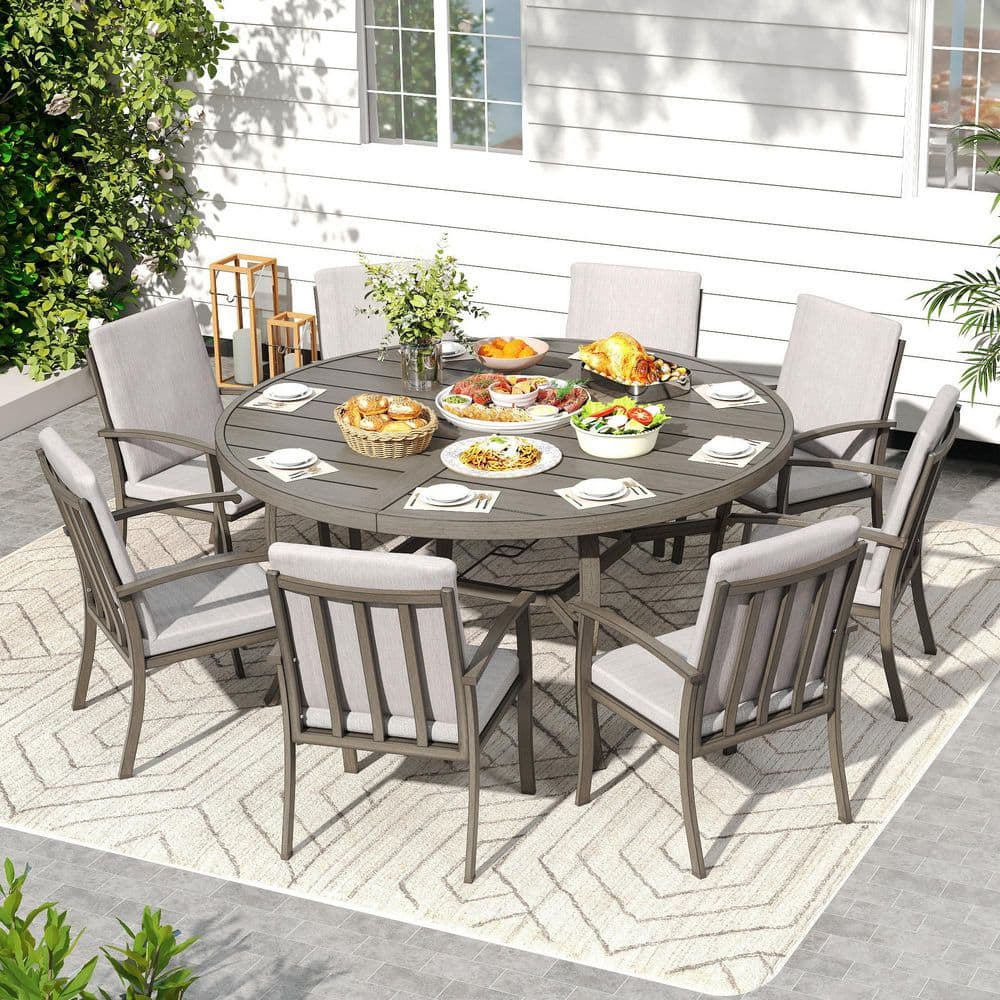 AluLux 9-Piece Gray Aluminum Outdoor Dining Set with 8 Dining Chairs, Round Table and Washable Gray Cushions price history on PriceWatchPro