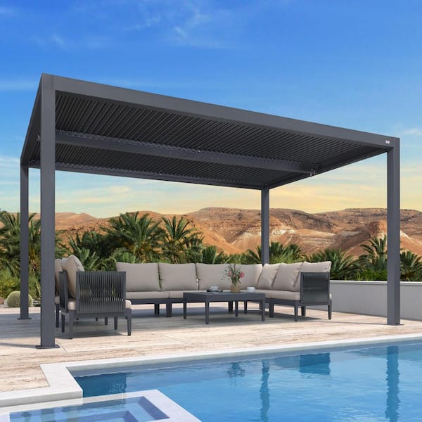 PURPLE LEAF 10 ft. x 14 ft. Gray Aluminum Frame Outdoor Hardtop Louvered Pergola with Adjustable Sunshade Roof and In-Built Gutter