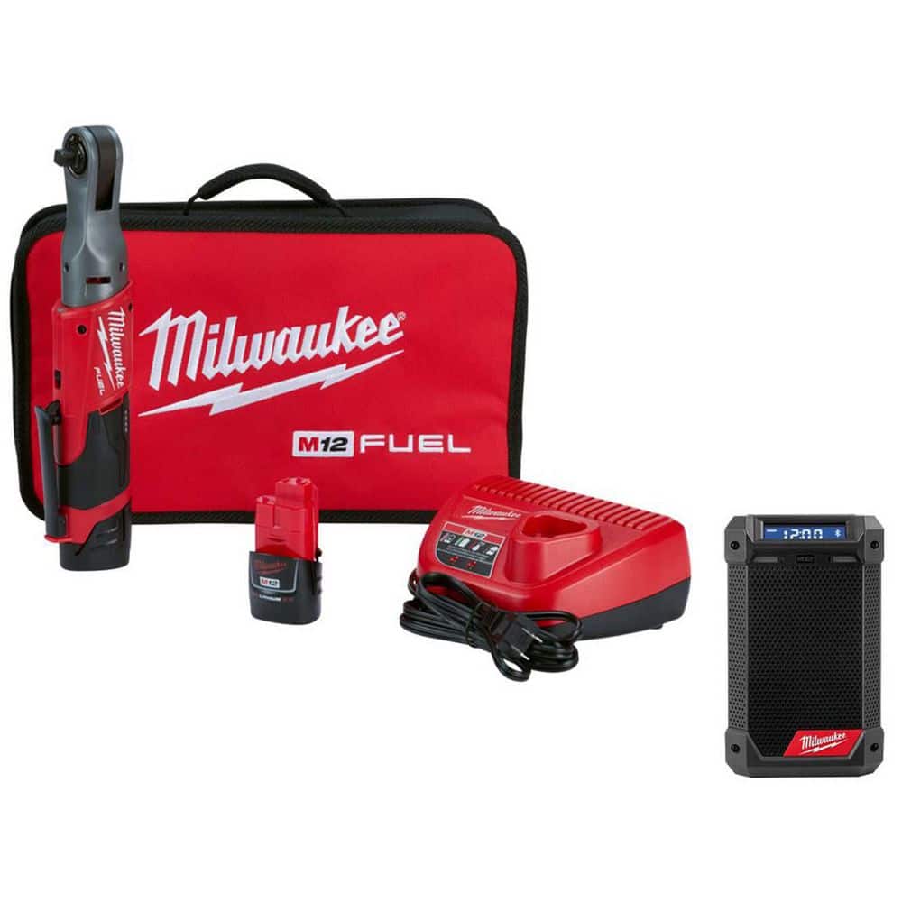 Milwaukee M12 FUEL 12V Lithium-Ion Brushless Cordless 3/8 in. Ratchet Kit W/M12 Bluetooth/AM/FM Jobsite Radio with Charger -  2557-22-2951-20