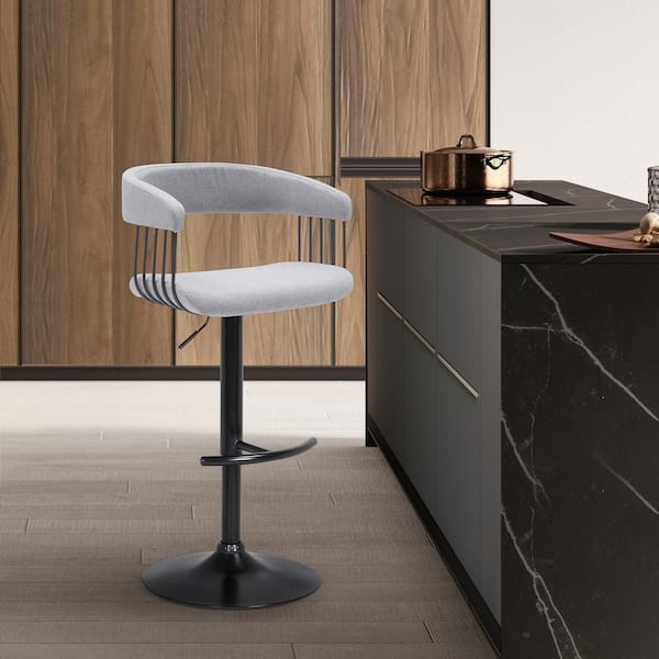 Armen Living Calista Adjustable 33 in. Light Grey/Black Metal/Wood Bar Stool with Light Grey Fabric Seat