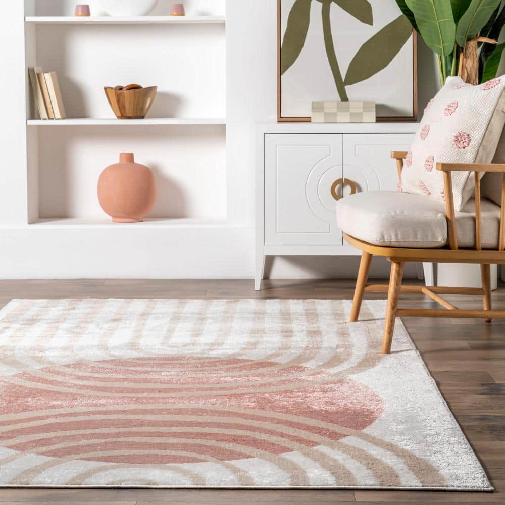 Blush and Ivory Abstract Synthetic 9' x 12' Area Rug