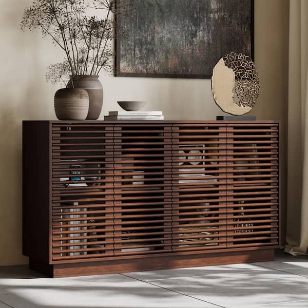 Classic Walnut Wood 55.1 in. W Sideboard, Storage Cabinet, Bookcase with 4 Shelves, 4 Slat Doors, Moisture-Proof Base