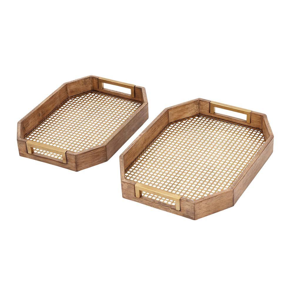 Light Brown Wood and Metal Mesh Decorative Trays, Set of 2