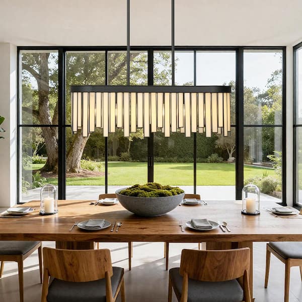 White Modern Rectangular Island Chandelier with Decorative Glass 6-Light Black Dining Hanging Light with Linear Downrod