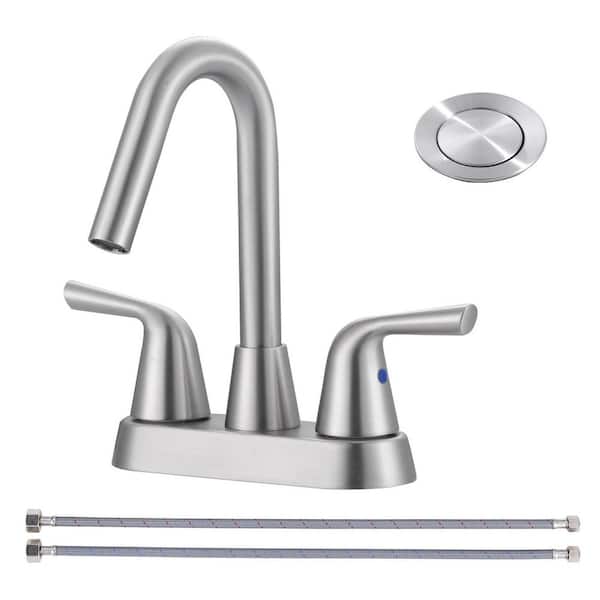 VEVETTA 4 in. Centerset Double Handle High Arc Bathroom Faucet with with Pop-Up Drain Stopper and Supply Hoses in Bruhsed Nickel