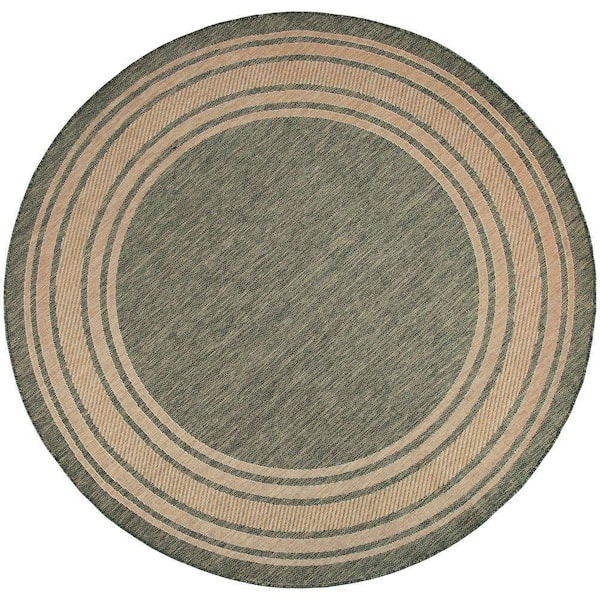Horizon Indoor/Outdoor Green 8 ft. Round Bordered Contemporary Round Area Rug
