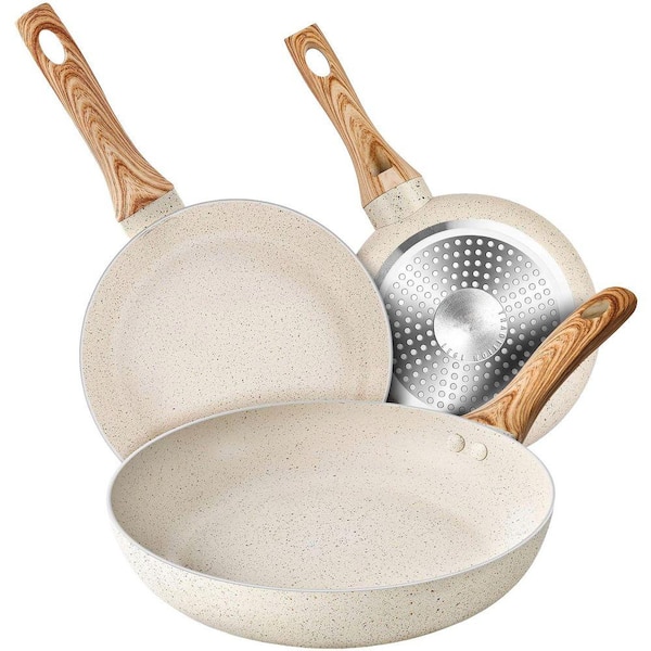 3-Piece White Granite Nonstick Aluminum Frying Pan Set with Anti-Scald Handles Induction Compatible Cookware