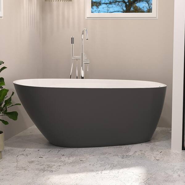 INSTER MUTE 59 in. Outer Gray Acrylic Flatbottom Freestanding Non-Whirlpool Single Slipper Soaking Bathtub