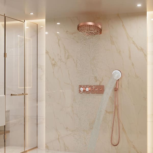 5-Spray Dual Shower Head 16 in. Round Wall Mount Fixed and Handheld Shower Head 2.5GPM Thermostatic in Brushed Rose Gold