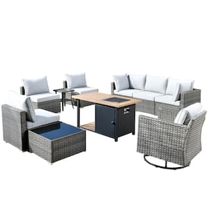 Sanibel Gray 10-Piece Wicker Patio Conversation Sofa Set with a Swivel Chair, a Storage Fire Pit and Light Gray Cushions