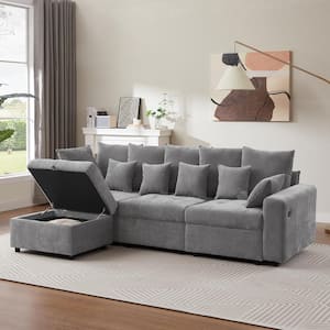 96.45 in. Chenille Modern Modular Sectional Sofa in Gray with Storage Ottoman, Convenient USB Ports and 5 Back Pillows