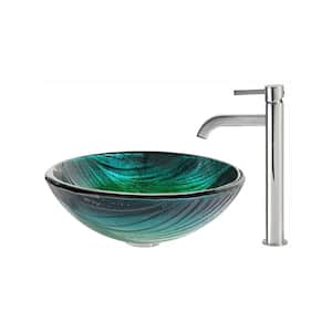 Nei Glass Vessel Sink in Green with Ramus Faucet in Chrome