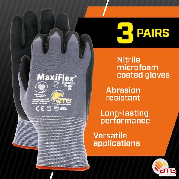 MaxiFlex Ultimate Men's Large Gray Nitrile Coated Outdoor and Work Gloves with Touchscreen Capability (3-Pack)