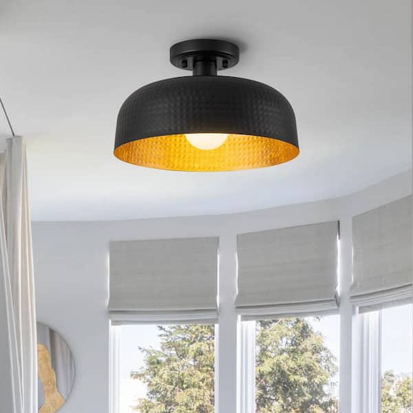 EDISLIVE Nathan 12.2 in. 1-Light Black Farmhouse Semi Flush Mount Ceiling Light with Hammer Finish