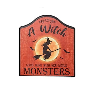 13 in. Witch with Little Monsters Wooden Sign