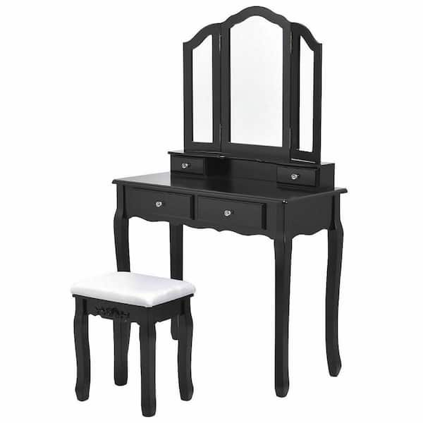 4-Drawer Black Tri Folding Mirror Vanity Makeup Table Stool Set