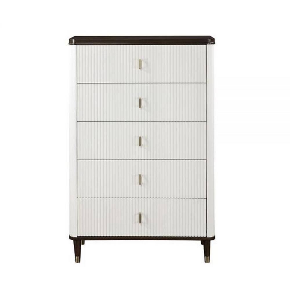 White and Brown Solid Wood Tall Dresser with Metal Accents
