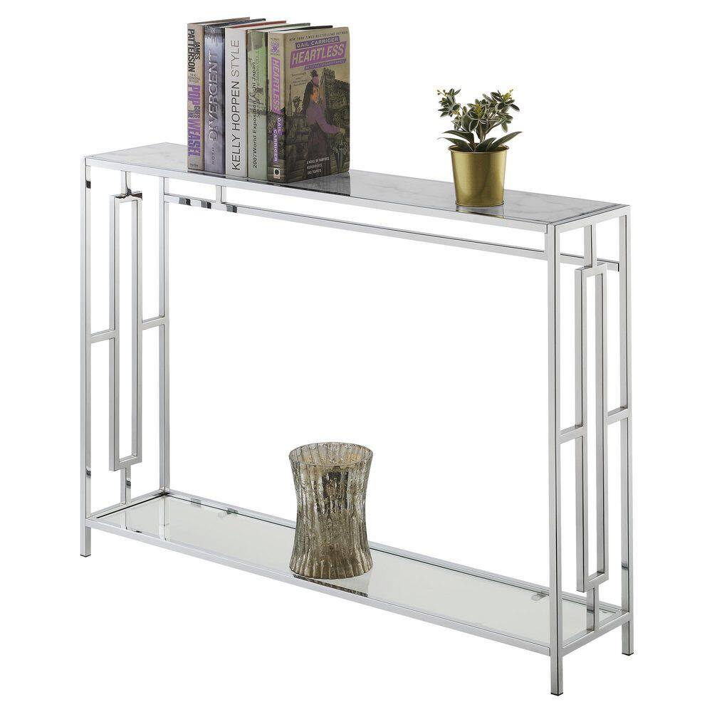 42" White Faux Marble and Chrome Console Table with Clear Glass Shelf