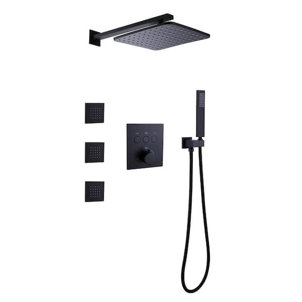 Single Handle 1-Spray Wall Mount Shower Faucet 1.8 GPM with Body Spray Brass Thermostatic Shower System in. Matte Black