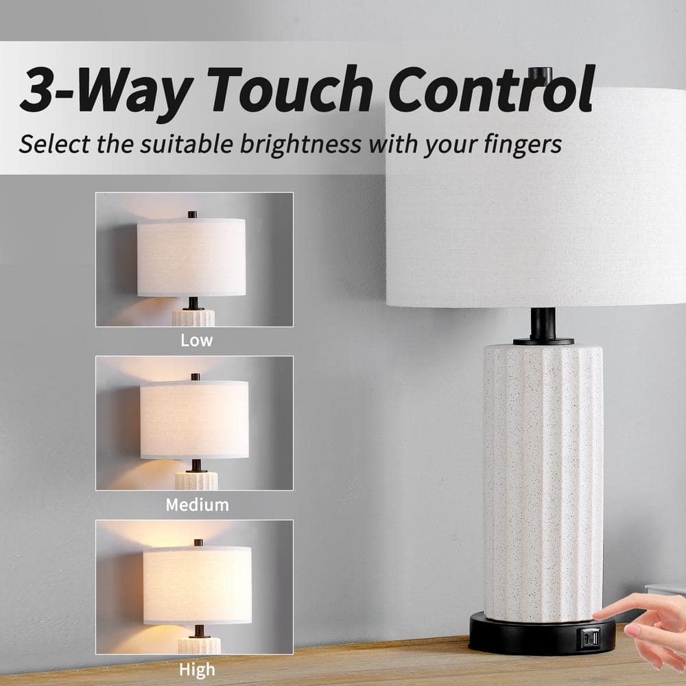 White Ceramic Table Lamp Set with USB Ports and Touch Control