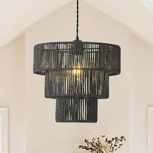 1-Light Black Bohemian Drum Hanging Pendant Light with 3-Tier Woven Shade