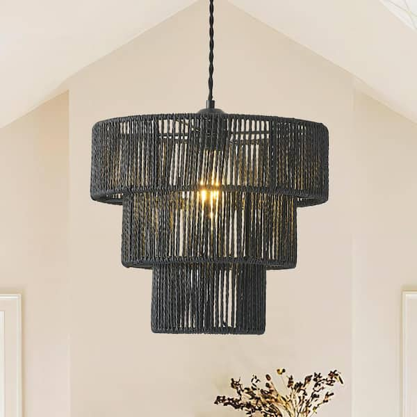 GoYeel 1-Light Black Bohemian Drum Hanging Pendant Light with 3-Tier ...