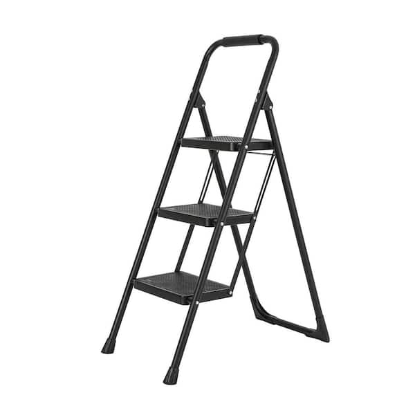 3-Step Iron Folding Step Stool Ladder 330 lbs. Load Capacity Type IA Duty Rating (6.3 ft. Reach Height), Black
