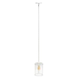 9.25 in. White Adjustable Modern Industrial Farmhouse 1-Light Metal and Clear Cylindrical Glass Shade Pendant Light