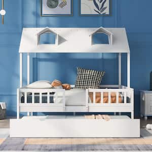 White Full Size House Bed Wood Bed with Twin Size Trundle, Full Bed Frame with Roof and Fence for Kids