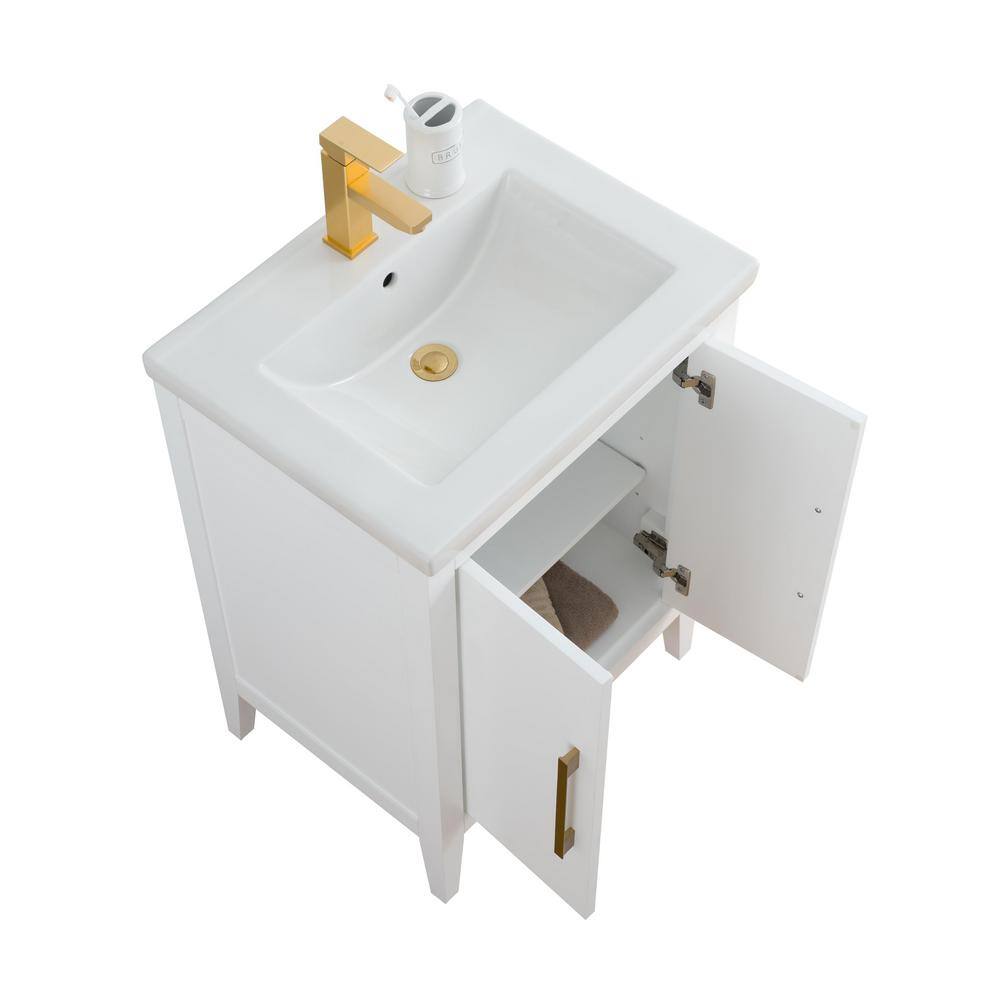 24" White Single Sink Bathroom Vanity with Gold Hardware