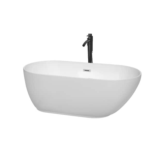 Wyndham Collection Melissa 60 in. Acrylic Flatbottom Bathtub in White with Polished Chrome Trim and Matte Black Faucet