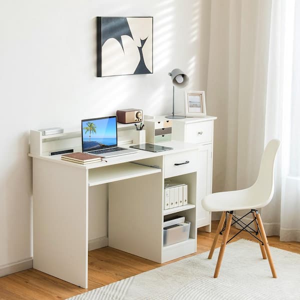 Costway 41.5 in. Rectangular White Wood Wide Computer Desk Writing Study Laptop Table with Drawer and Keyboard Tray P12I 10NW5IT