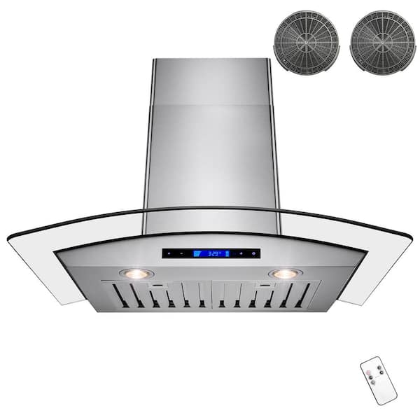 AKDY 30 in. Convertible Kitchen Wall Mount Range Hood in Stainless Steel with Arched Tempered Glass, Remote and Carbon Filter