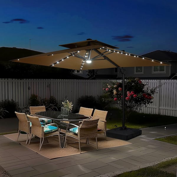 9 ft. x 11 ft. LED Rectangular Swivel Double Cantilever Tilt Patio Umbrella in Tan with 220 lb. HDPE Base