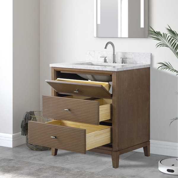 30 in. W Single Sink Freestanding Walnut Bath Vanity Cabinet with Arabescato White Engineered Marble Top