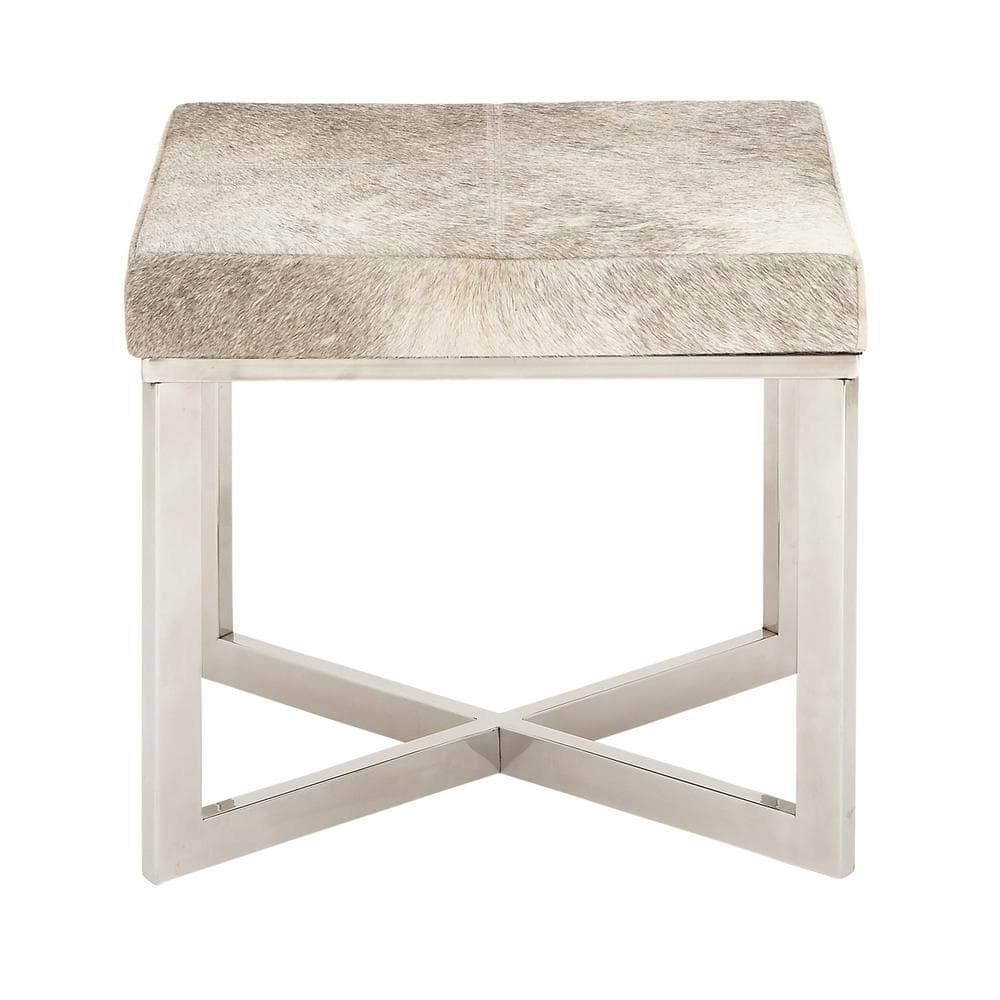 Silver Hair on Hide Upholstered Stool with Steel X-Base