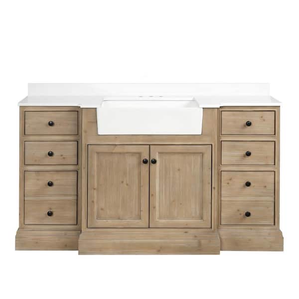 Ari Kitchen and Bath Kelly 60 in. W x 20.5 in. D x 34.5 in. H Bath Vanity in Weathered Fir with White Engineered Stone Top with White Basin