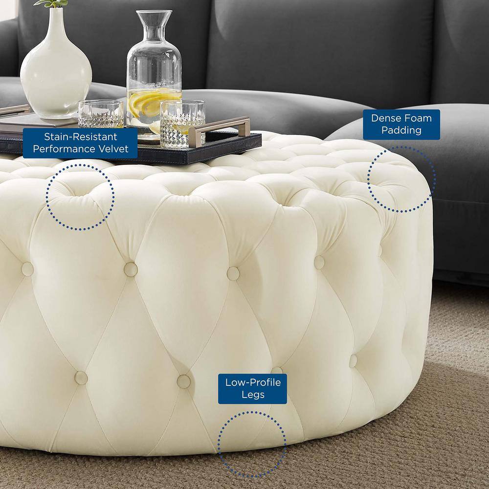 Amour 40'' Ivory Velvet Tufted Large Round Ottoman