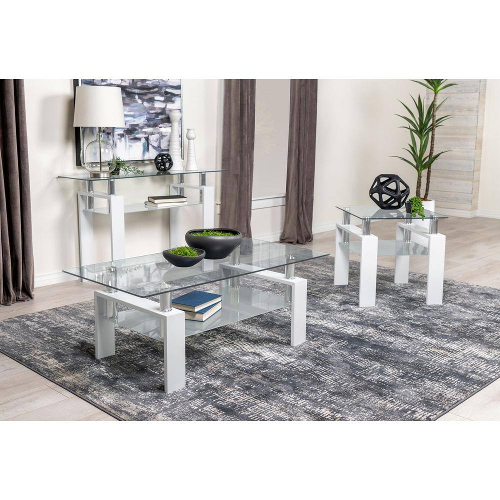 Contemporary Rectangular Glass Coffee Table with White Metal Frame and Shelf