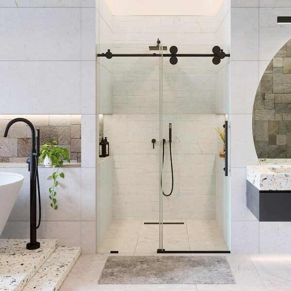 FINE FIXTURES 48 in. W x 74.5 in. H Sliding Frameless Shower Door in Black Finish with Tempered Clear Glass