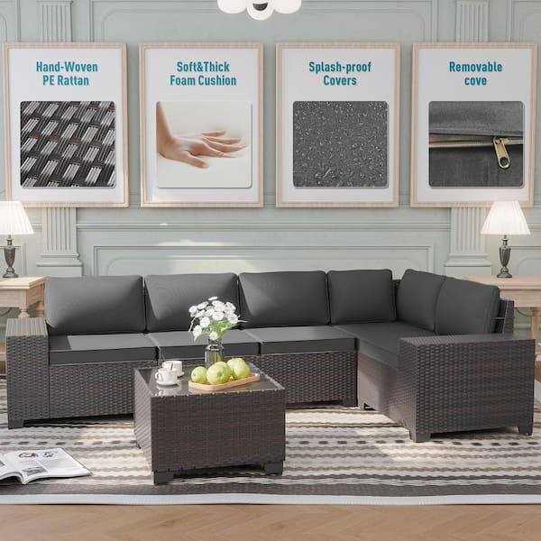 6-Piece Wicker Outdoor Sectional Set with Glass Coffee Table and Black Cushions