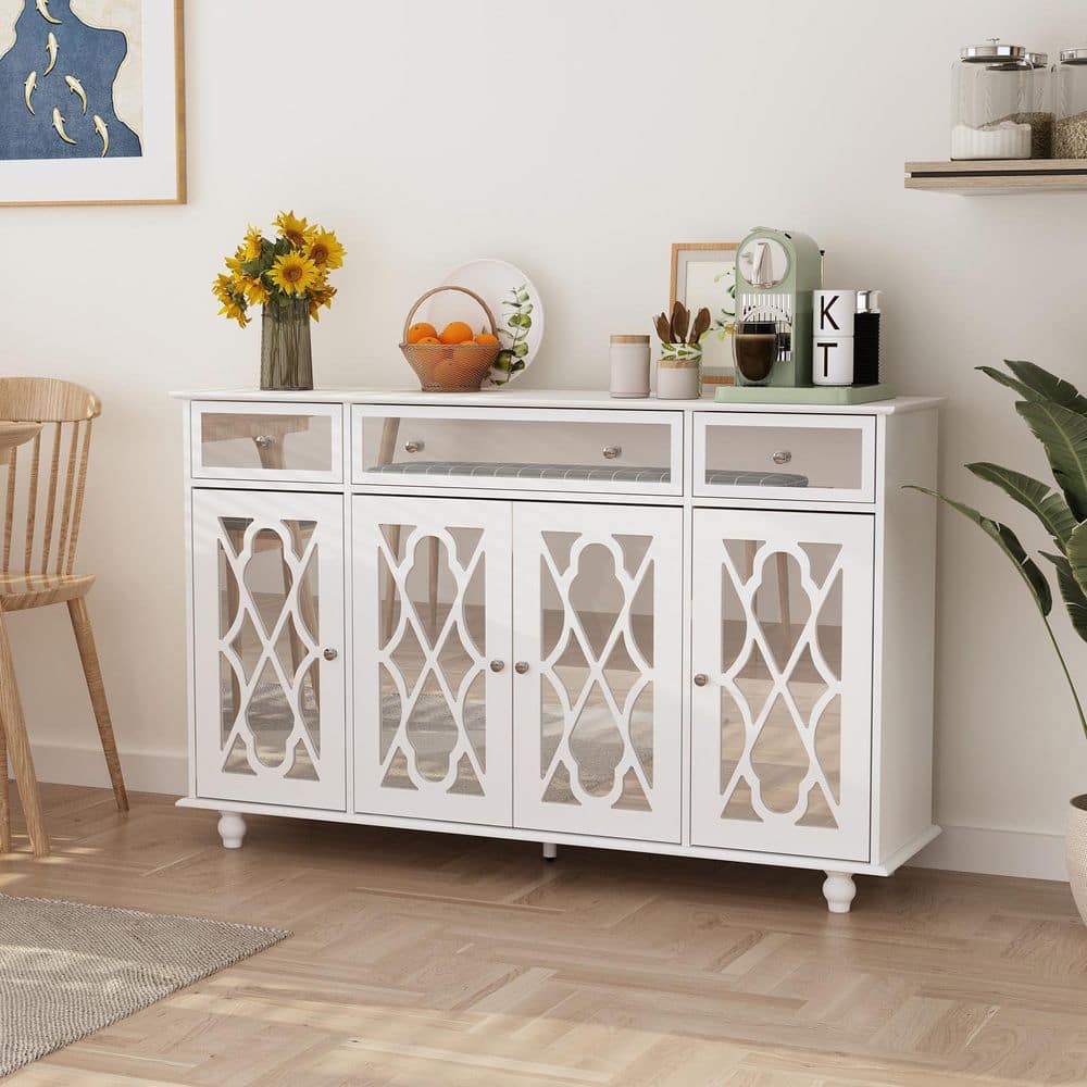 FUFU&GAGA White Paint 4 Doors Mirrored Buffet Cabinet Sideboard With 3 ...
